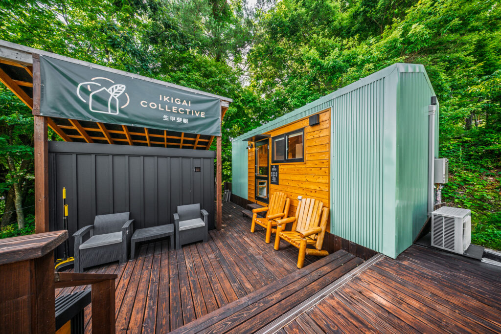 The deck and sauna at Ikigai Collective’s showroom village. Image: ikigaico.jp