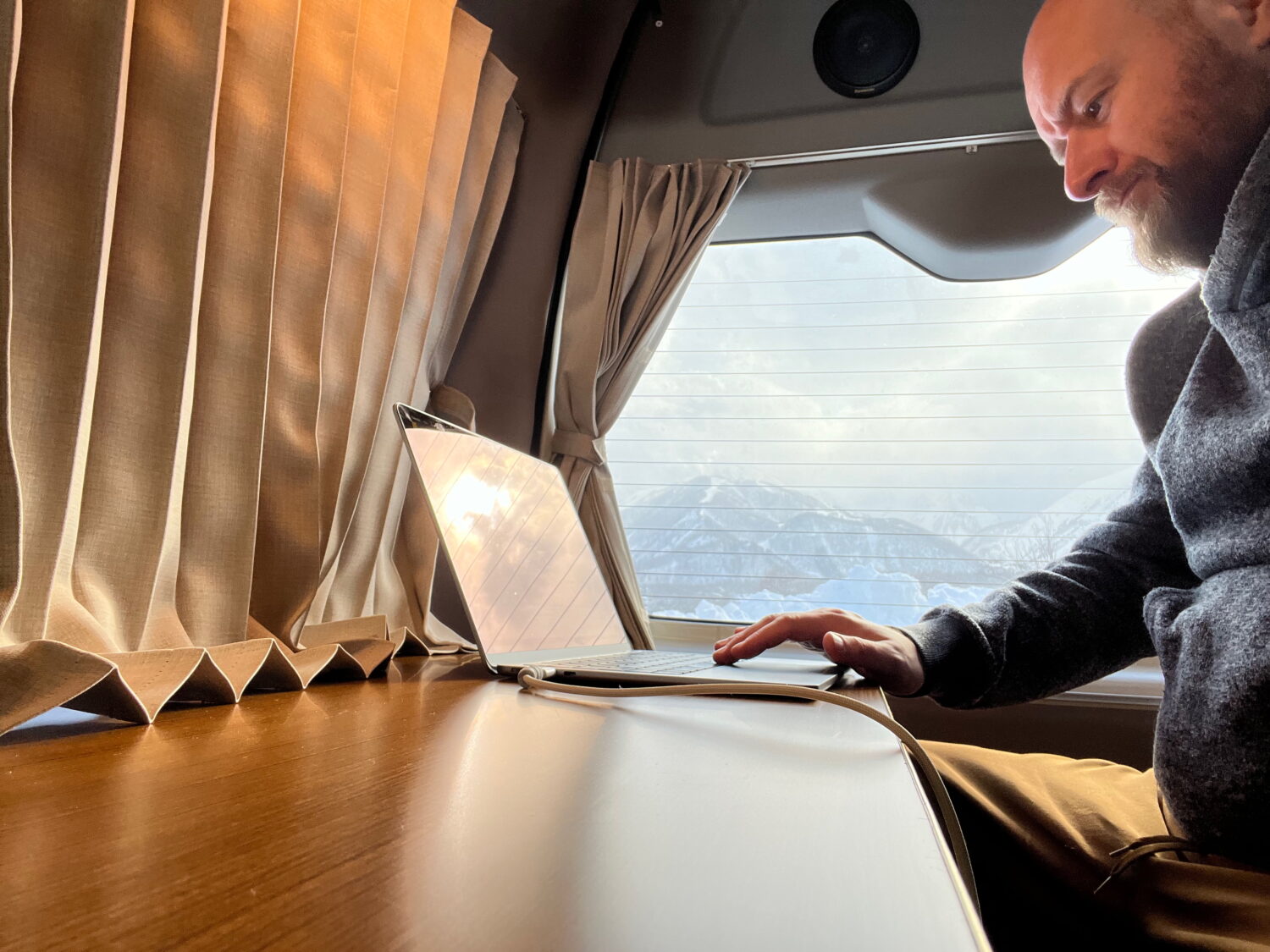 Working at the countertop with Happo-One in the background
