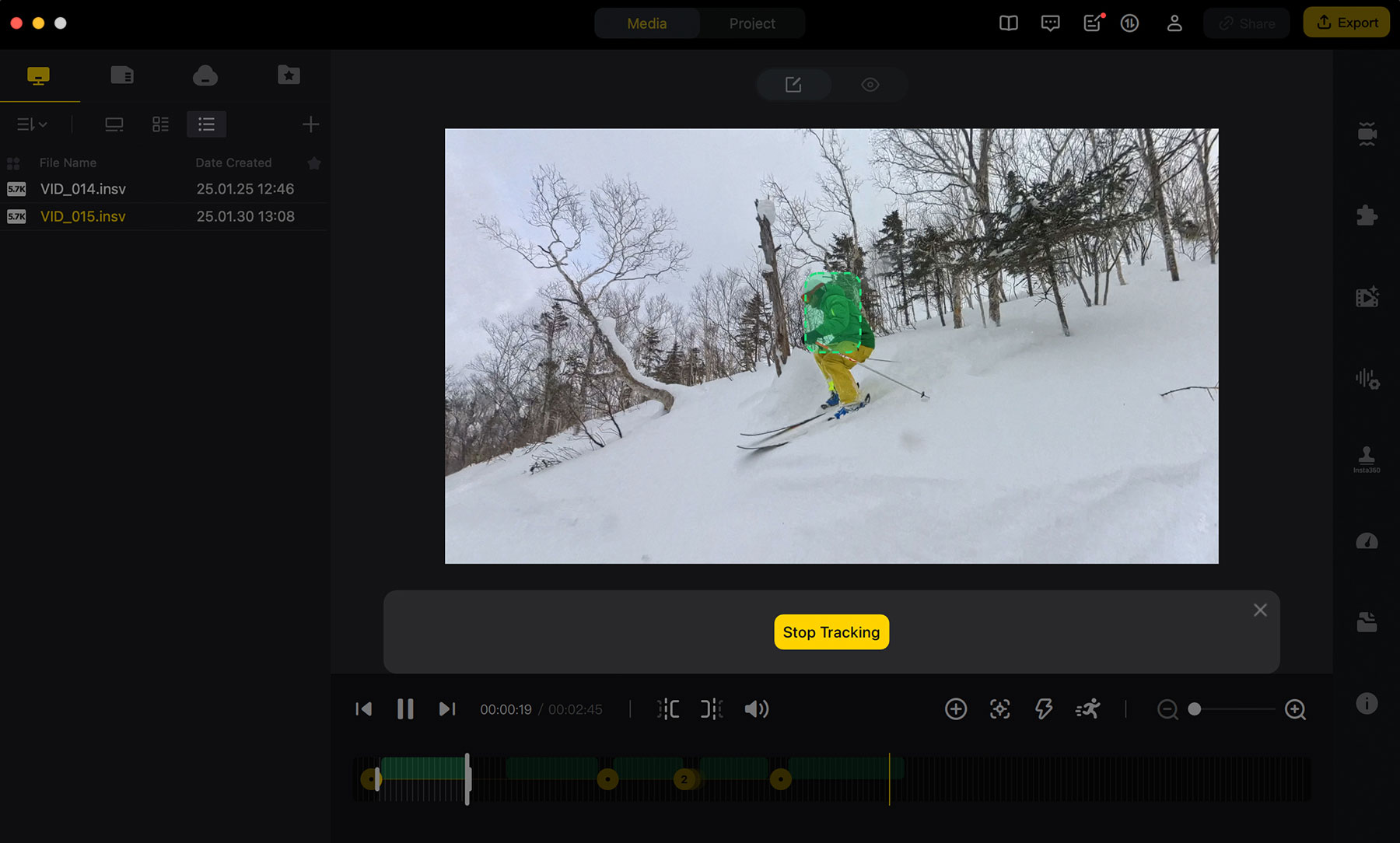 Auto-tracking a skier in Insta360 studio