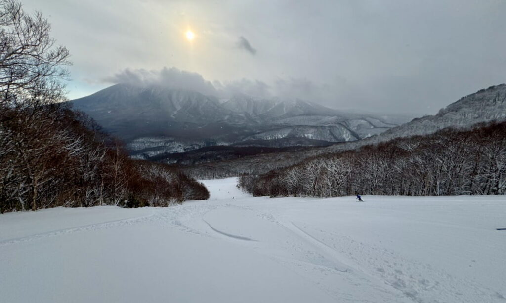 View of Mt. Iwate from the White Course at Shimokura, Hachimantai Resort. Image: Eliot Cochrane