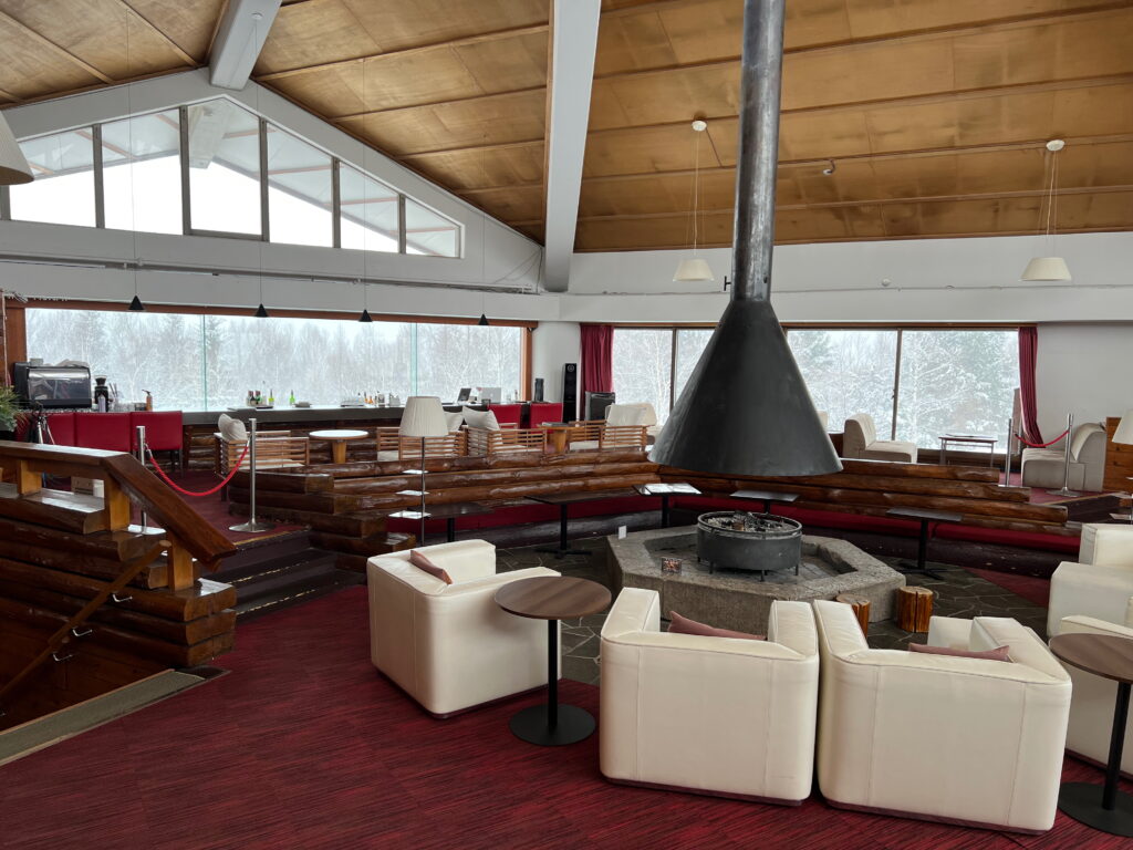 The impressive bar, housed in the pitched roof of the building, has views across the ski resort.