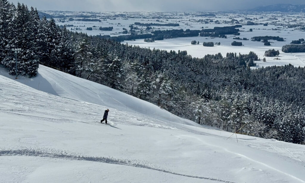 nowboarder riding light powder on the Champion Course.