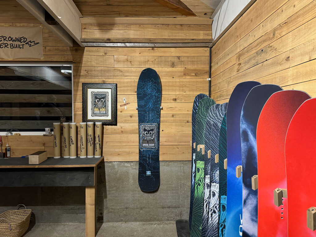 The store area inside Island Snowboard’s workshop