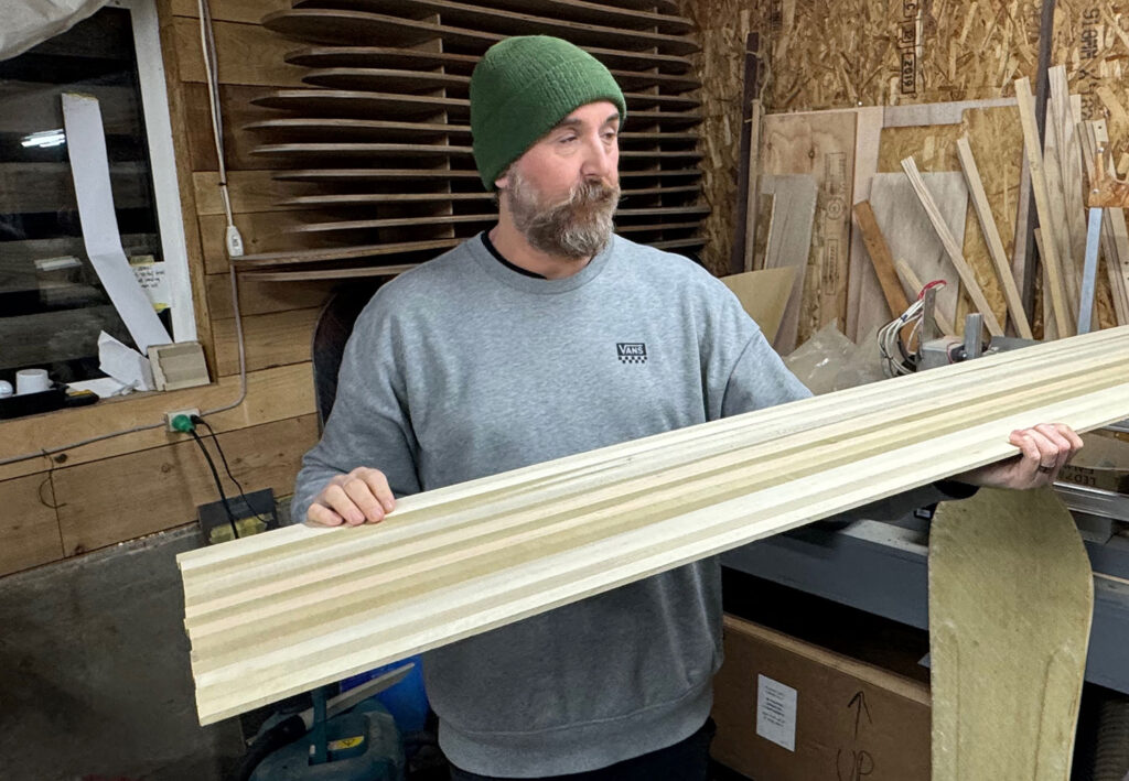 Island Snowboards’ founder Owain Basset explaining how they make the cores from local honoki and tamo timber