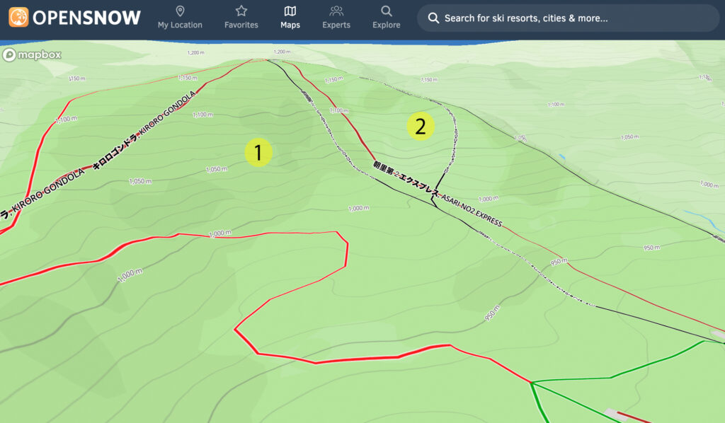 Tree runs Powder Ridge (No 1) and Orange Light (No 2) at Kiroro. Image: opensnow.com (Yellow numbering composite, Ski Asia)