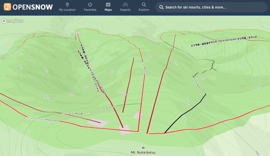 This view from the top shows clearly how the red runs track the ridge and you can drop into the natural gullies from wither side and end up back at the lifts. Image: opensnow.com